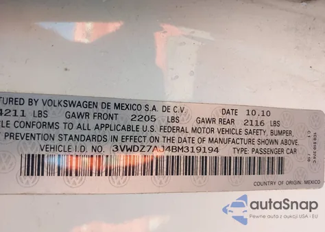 2011 Volkswagen Jetta 2.5L Se z USA, uszkodzony, nr VIN 3VWDZ7AJ4BM319194